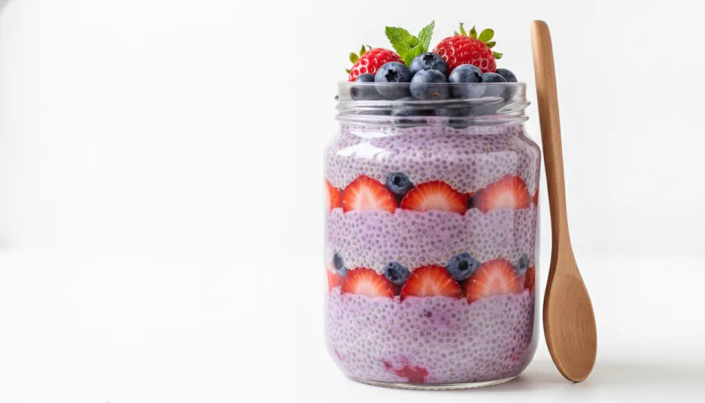 A clear glass jar filled with purple berry chia pudding layered with fresh strawberries and blueberries Styled on a whit
