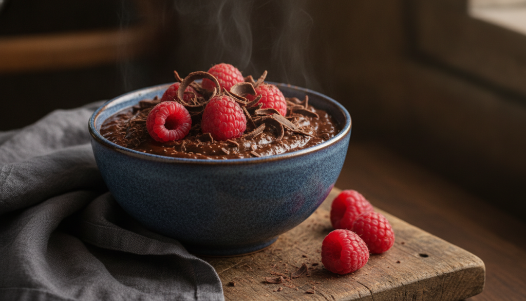 Rich dark chocolate chia pudding in a small bowl topped with chocolate shavings and a few raspberries A cozy indulgent f