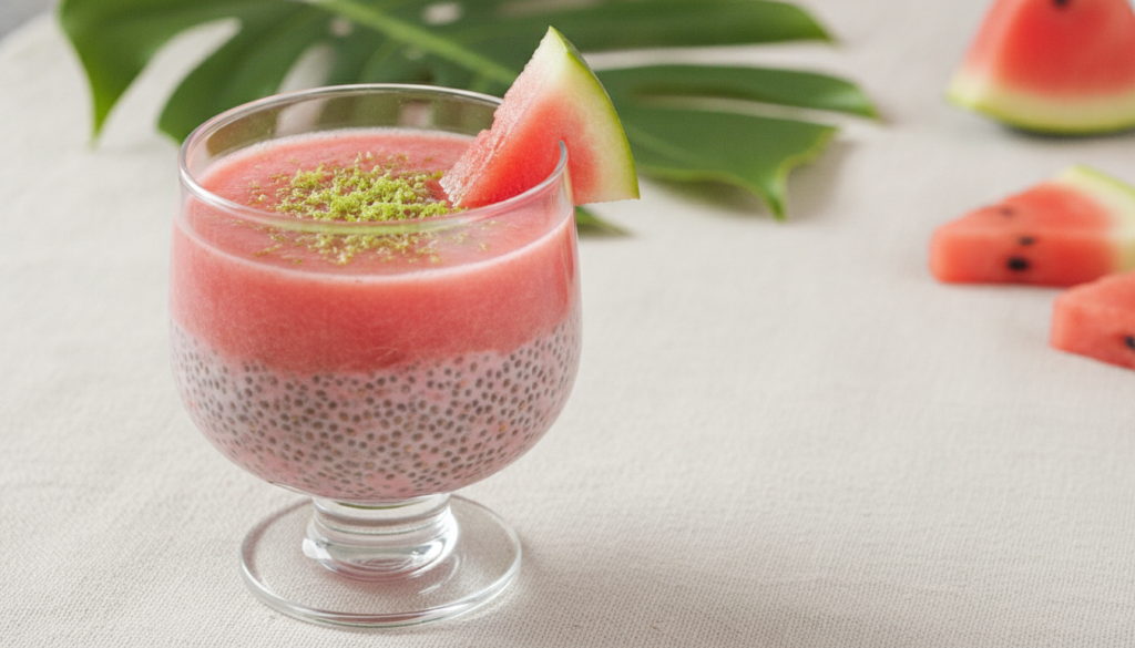 A refreshing pink watermelon chia pudding in a clear glass garnished with fresh lime zest and a small wedge of watermelo