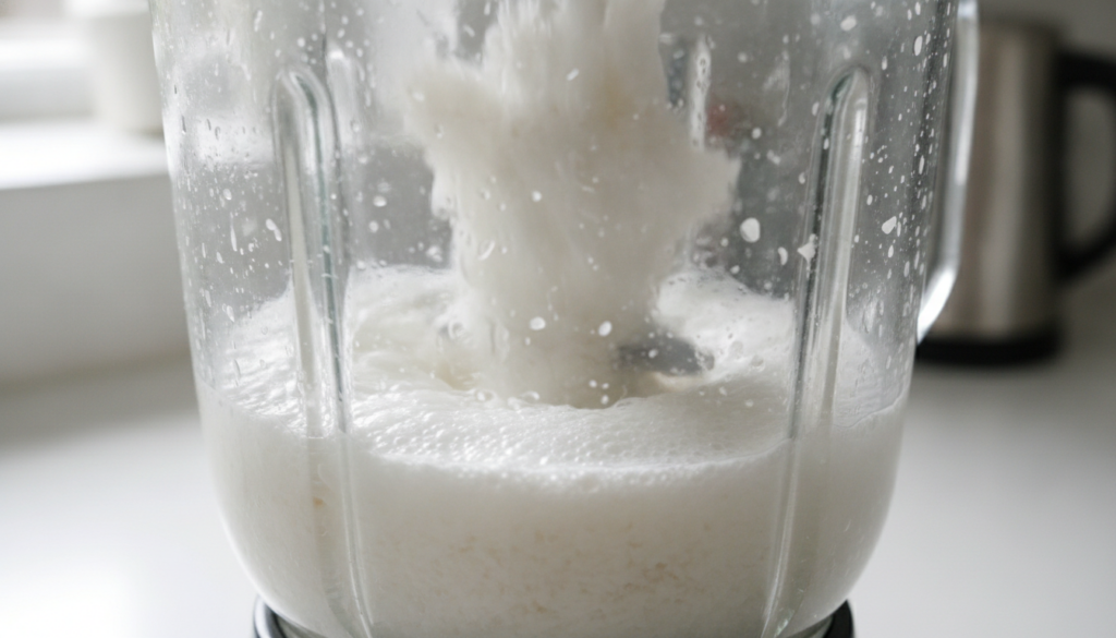 A close-up of grated fresh coconut meat being blended with water in a food processor creating a creamy white mixture