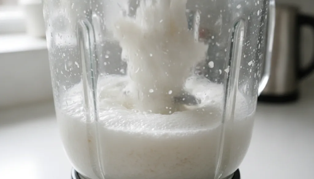 A close-up of grated fresh coconut meat being blended with water in a food processor creating a creamy white mixture