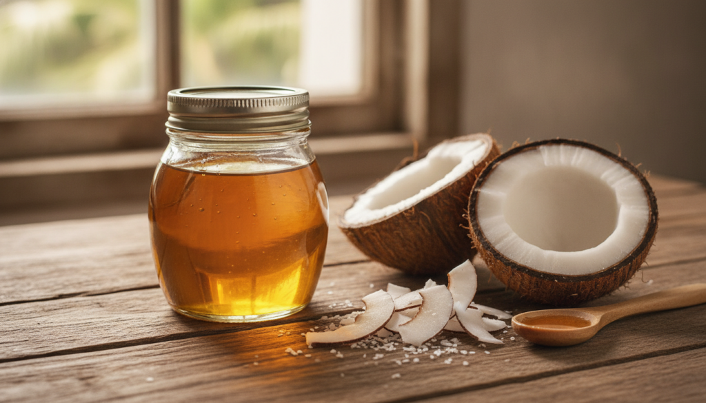 Clear golden coconut oil poured into a small glass jar surrounded by coconut halves and dried coconut flakes on a rustic