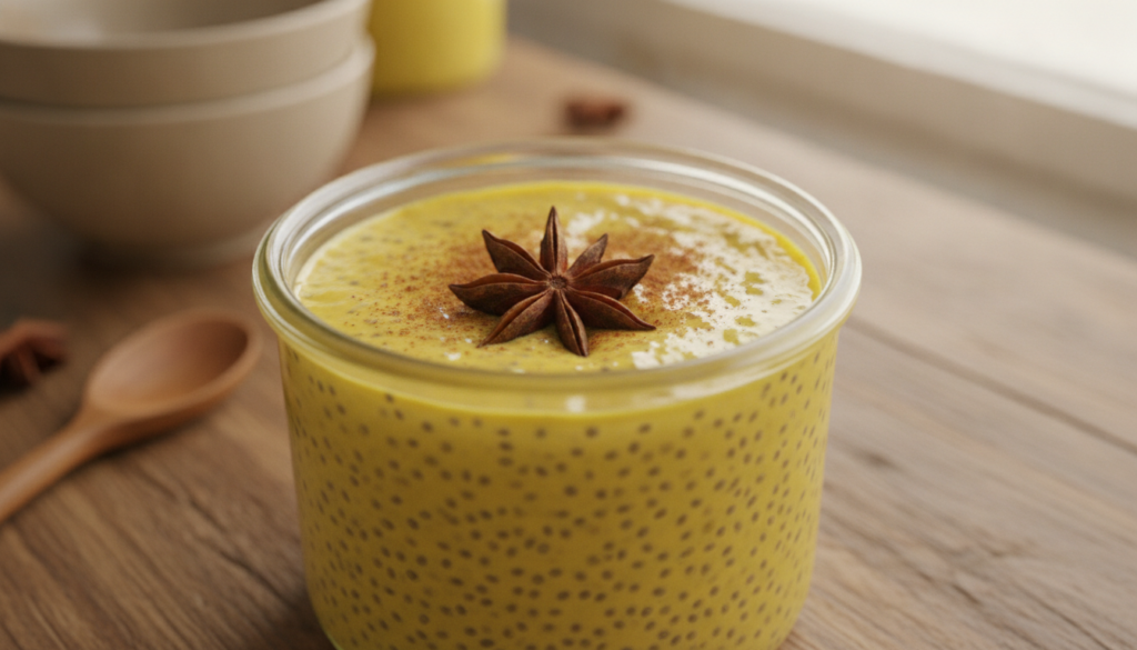 A vibrant yellow golden milk chia pudding in a glass jar garnished with a sprinkle of cinnamon and a star anise pod Warm