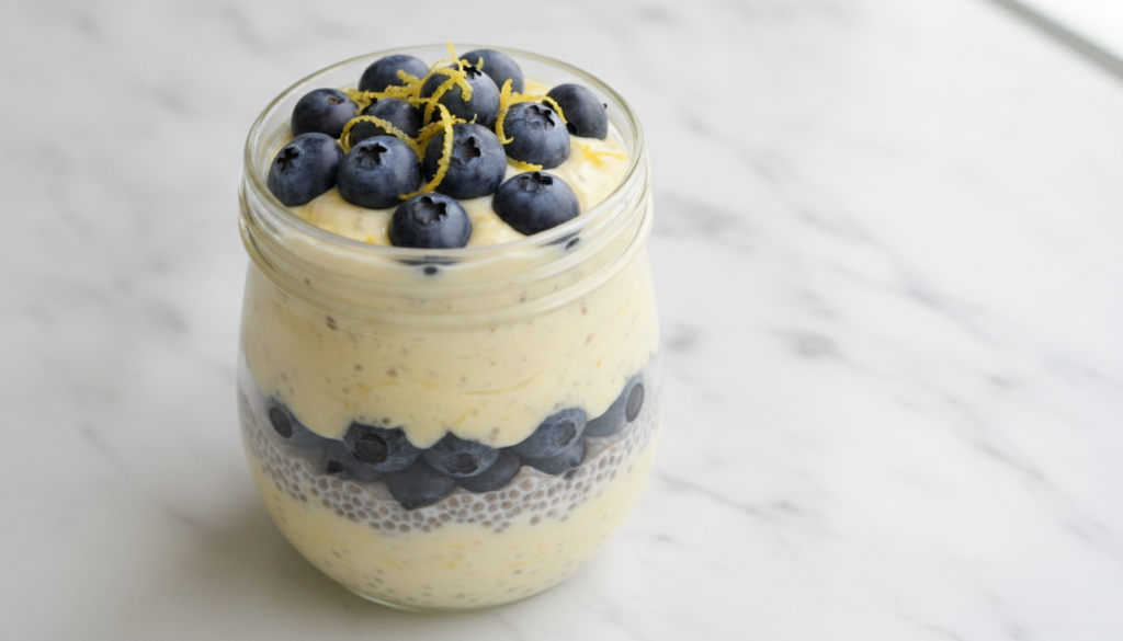 A bright refreshing lemon blueberry chia pudding in a clear glass jar layered with fresh blueberries and lemon zest A li