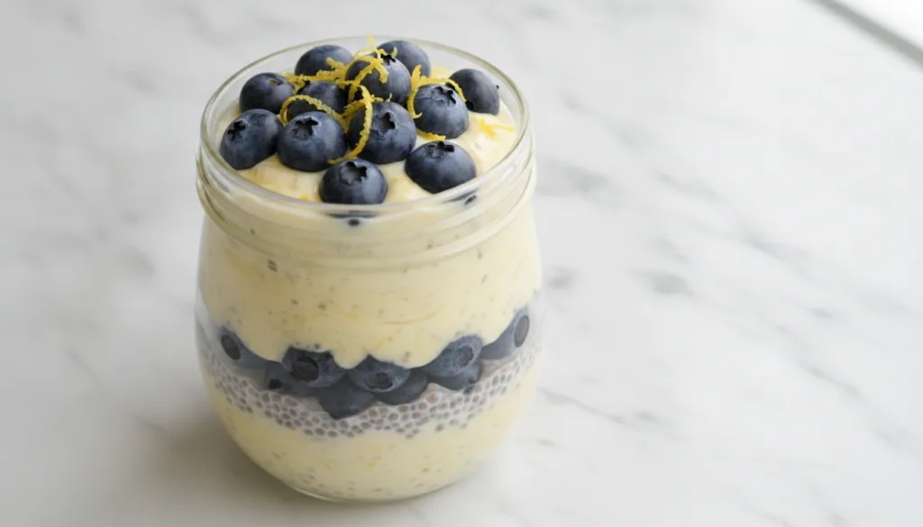 A bright refreshing lemon blueberry chia pudding in a clear glass jar layered with fresh blueberries and lemon zest A li