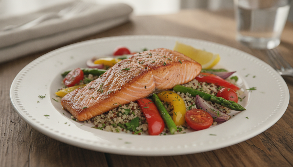 A balanced and healthy meal featuring grilled salmon a side of roasted vegetables and a small portion of quinoa presente