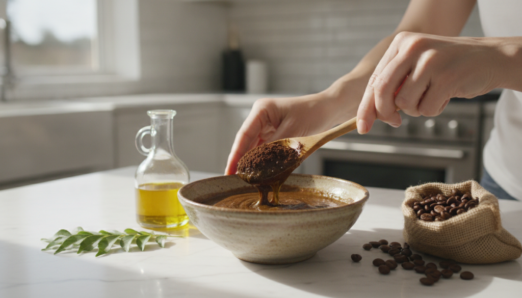 Hands mixing coffee powder and curry leaves oil in a bowl to form a smooth paste