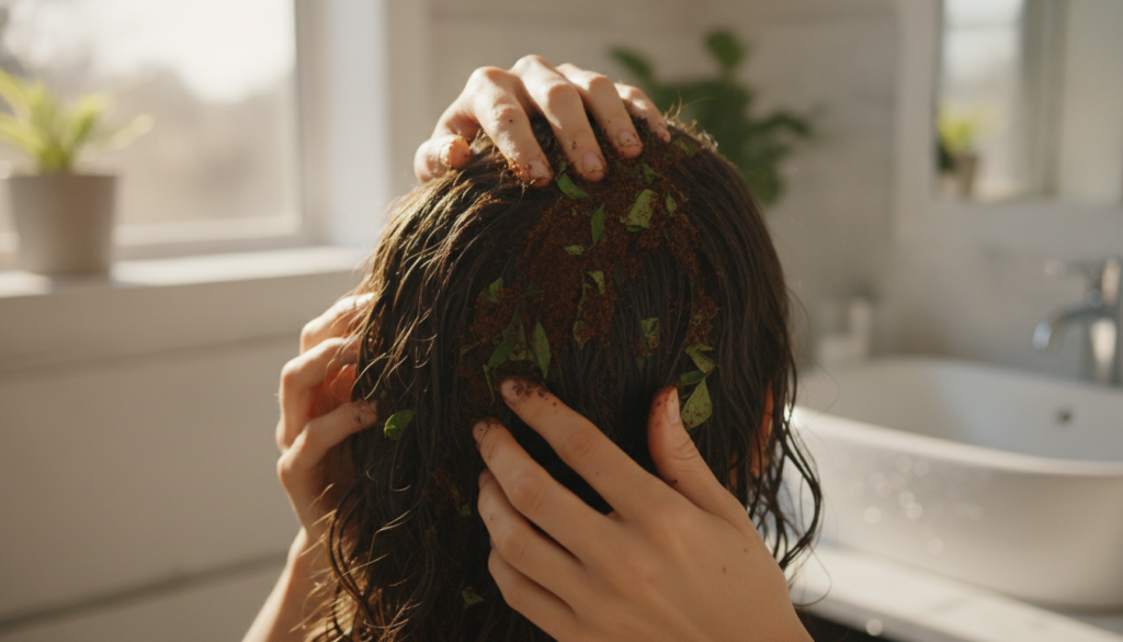A person applying a coffee and curry leaves hair mask to their hair and scalp