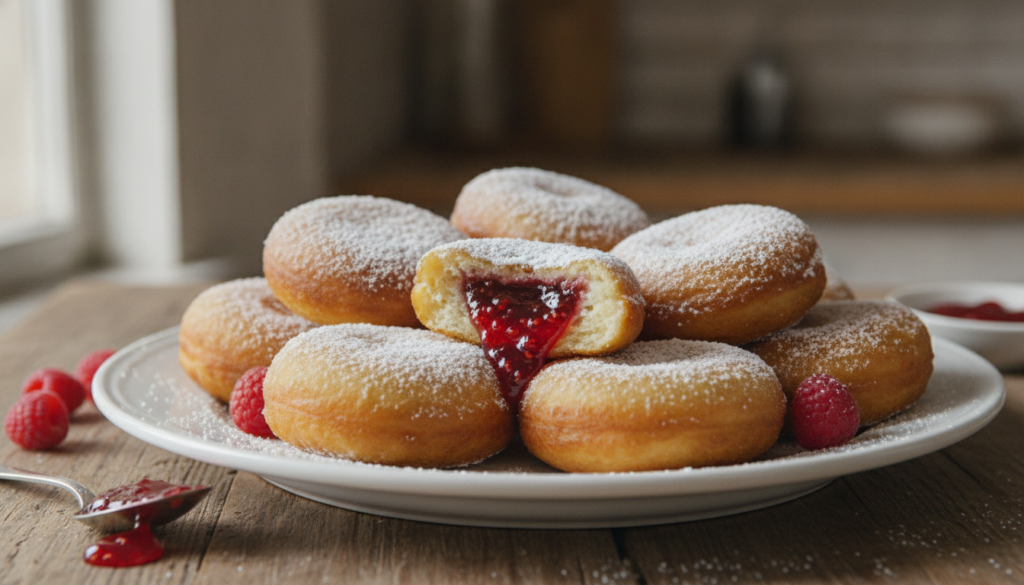 Golden-brown fried fritters dusted with powdered sugar with a vibrant red raspberry jam filling peeking out from the sid