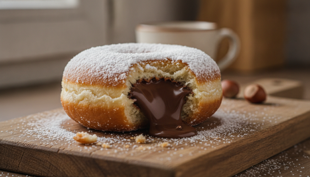 A soft golden-fried doughnut generously dusted with powdered sugar with a rich Nutella filling oozing out from a bite