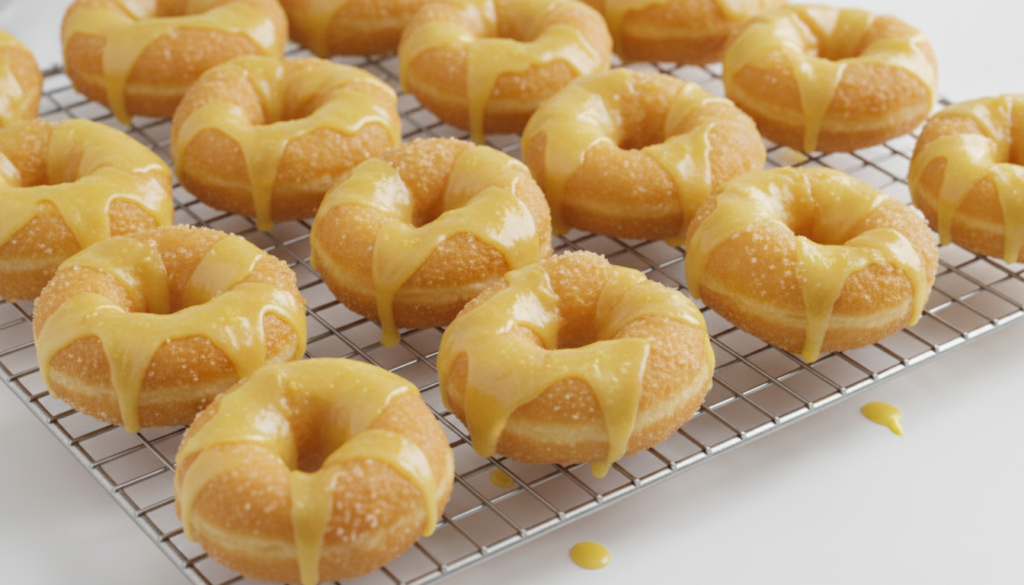 Twisted golden-fried doughnuts drizzled with a bright yellow lemon glaze arranged on a cooling rack