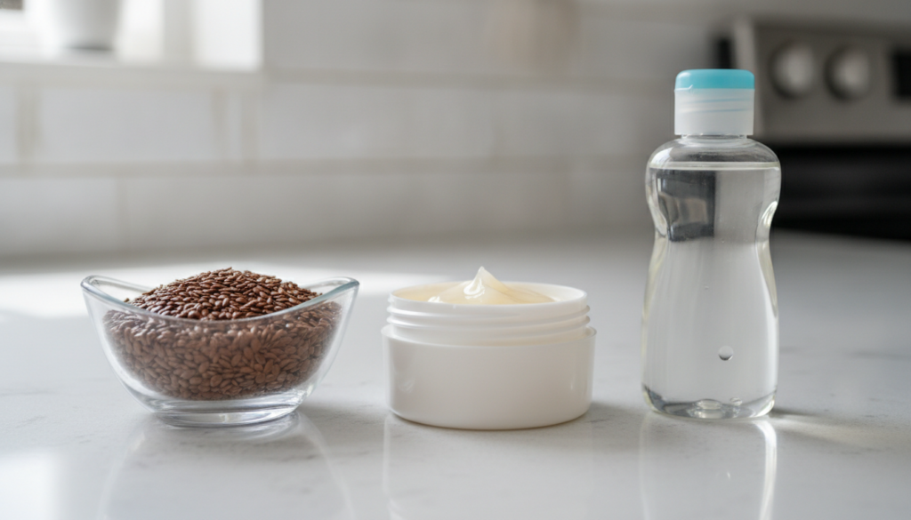 Ingredients for the DIY skin blend a small bowl of flaxseeds a tub of Vaseline and a bottle of baby oil on a clean count
