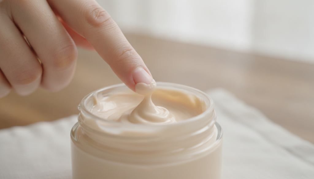 A small glass jar filled with the finished DIY flaxseed Vaseline and baby oil blend with a clean finger applying a small