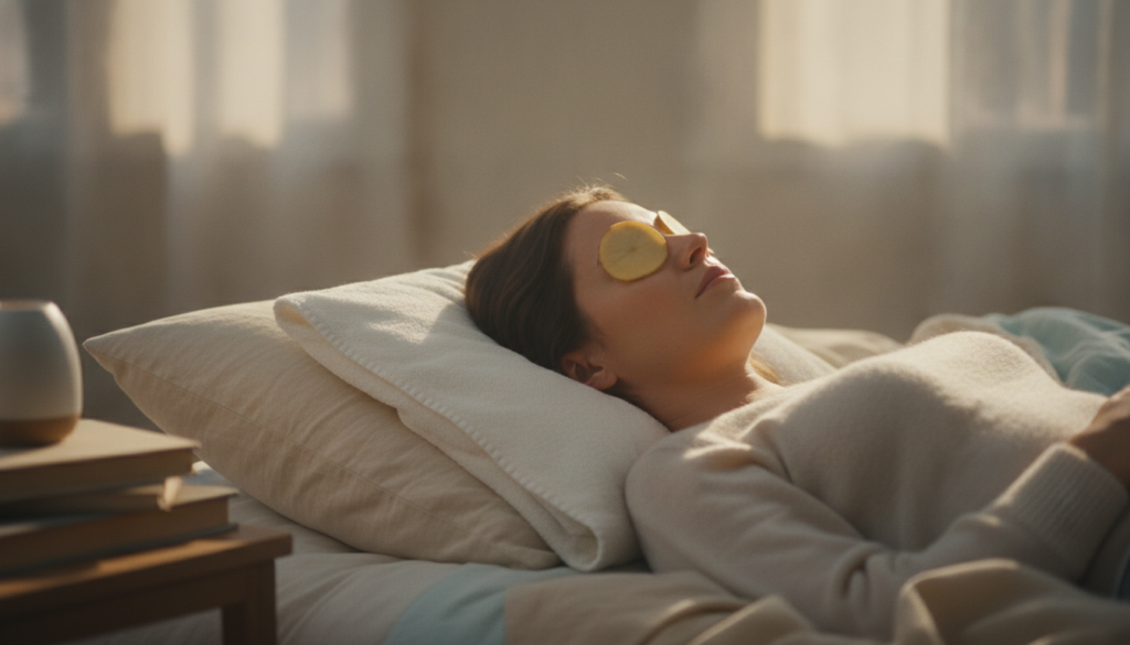 A woman with a peaceful expression lying down with potato slices over her closed eyes a clean towel under her head Soft