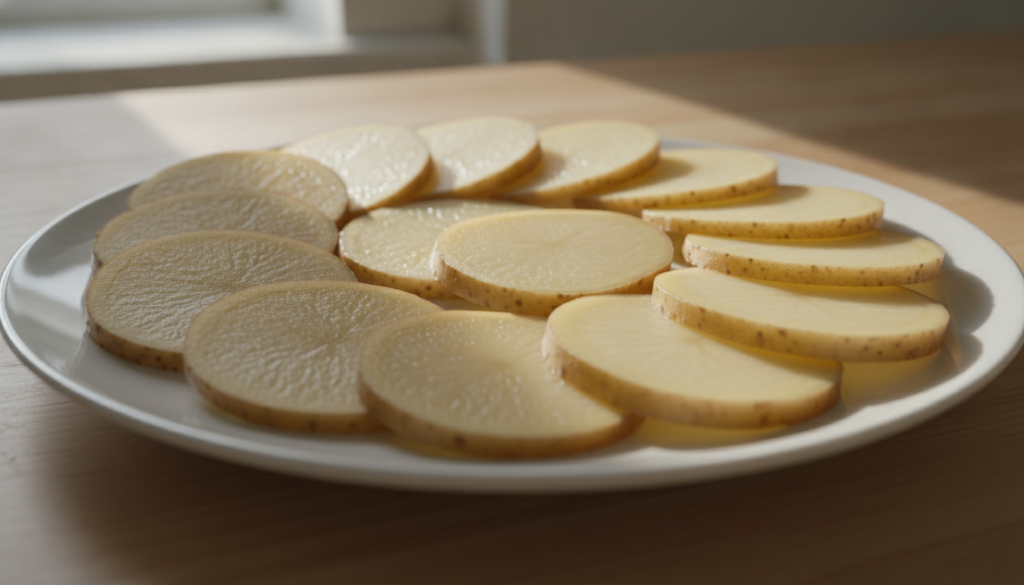 Close-up of thin freshly sliced raw potato rounds arranged on a clean plate or cutting board ready for use Soft light il