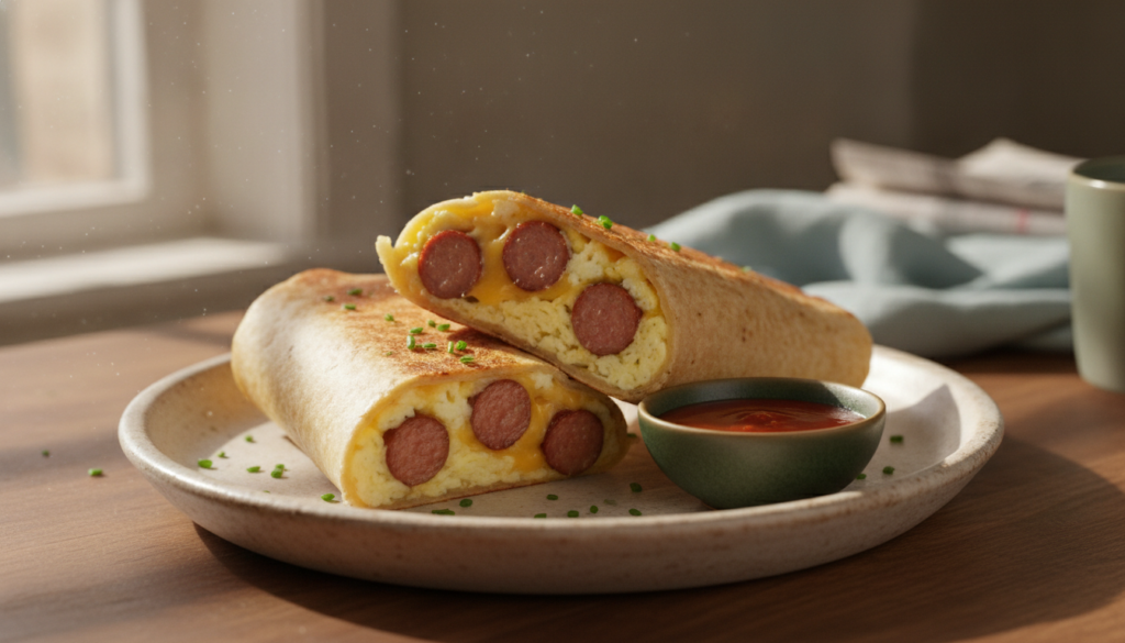 Hearty breakfast wraps filled with scrambled eggs cooked breakfast sausage and melted cheese Served on a plate with a si