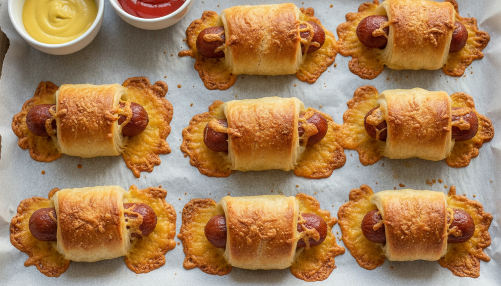 Golden-baked hotdog roll-ups on a baking sheet with visible melted cheese and a pastry crust Served with a side of musta