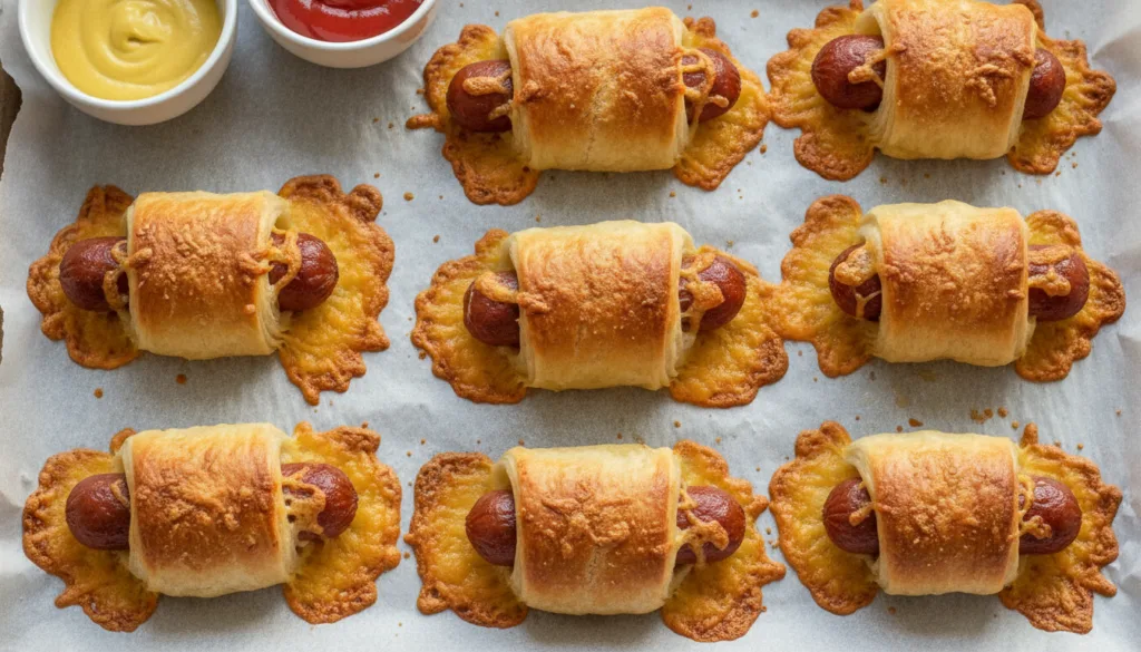 Golden-baked hotdog roll-ups on a baking sheet with visible melted cheese and a pastry crust Served with a side of musta