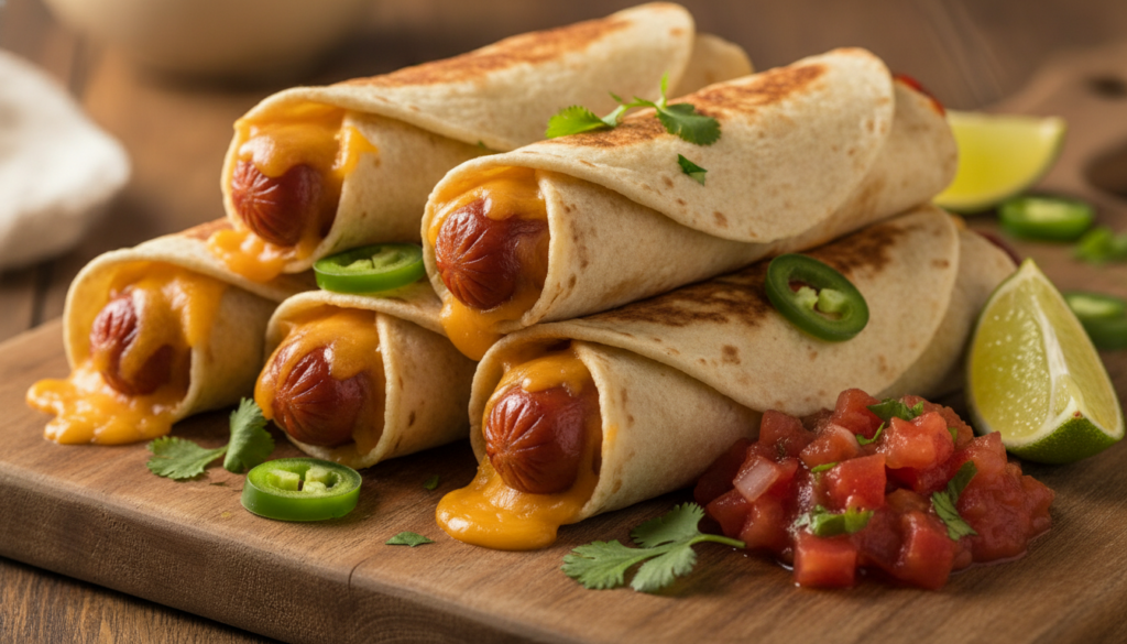 Spicy Mexican hotdog wraps with visible jalapeños salsa and melted cheese served on a vibrant plate with cilantro garnis