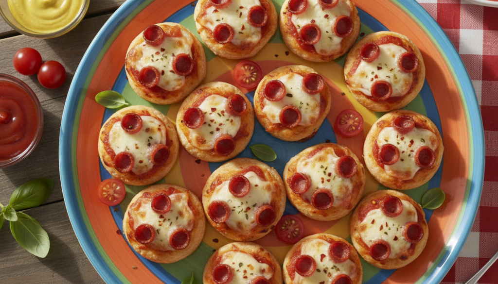 Mini pizza hotdog bites arranged on a serving platter featuring sliced hotdogs melted mozzarella and mini pepperoni on s