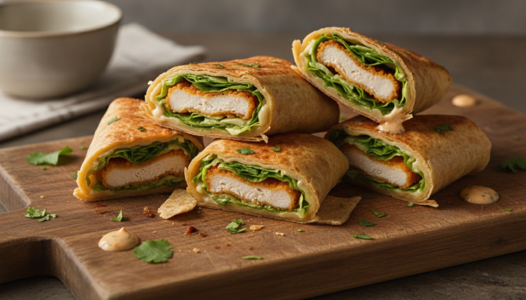 Crispy chicken and cheese wraps golden brown and cut in half revealing tender chicken strips melted cheese and a fresh l