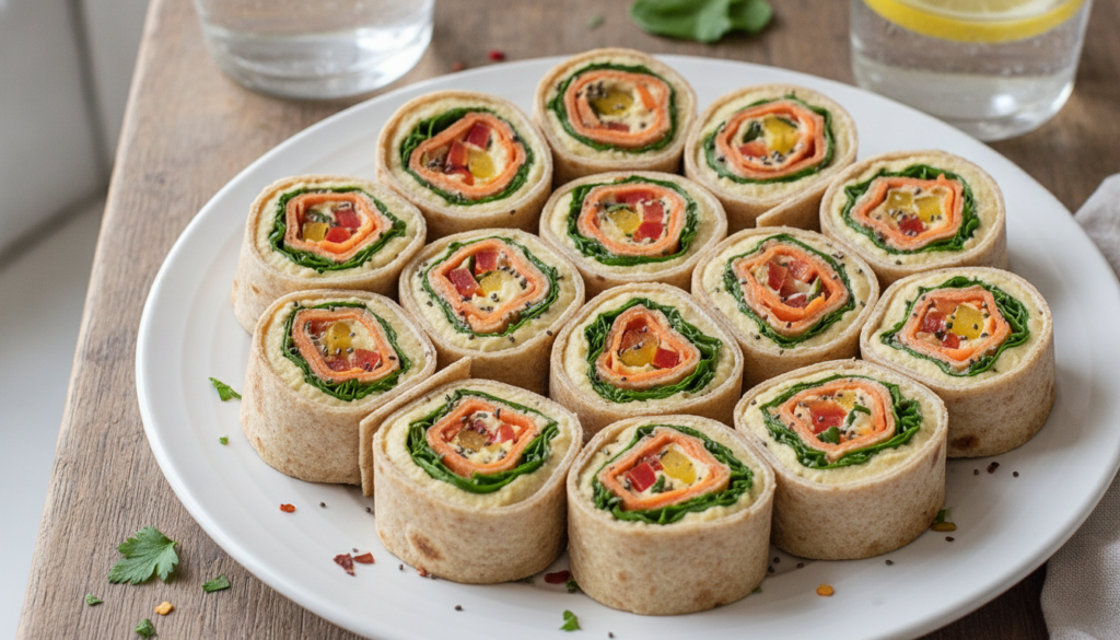 Colorful veggie and hummus pinwheel wraps sliced to show layers of tortilla hummus and finely diced vegetables like carr