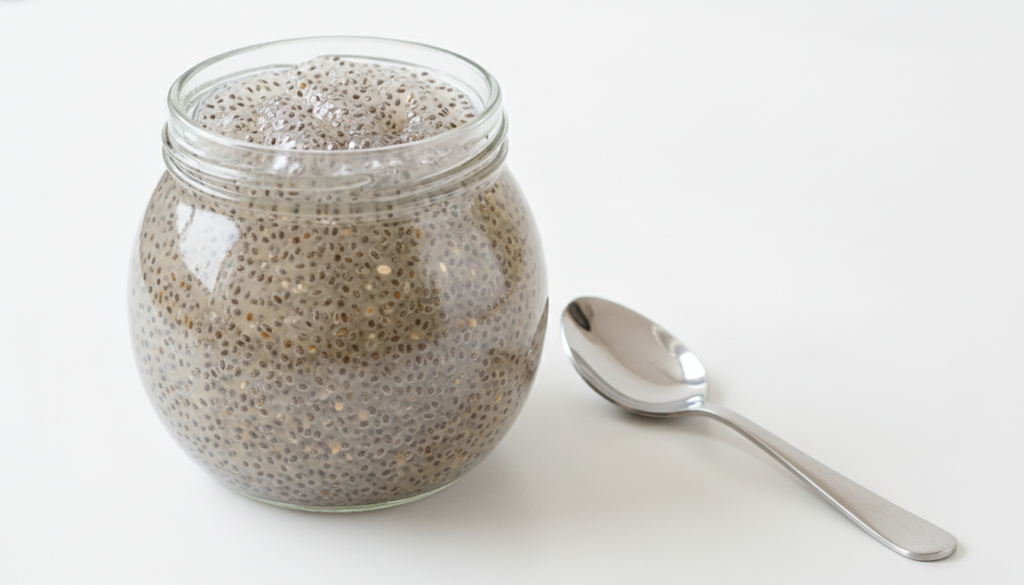 A clear glass jar filled with the translucent slightly cloudy chia seed hair gel with a spoon resting beside it on a cle