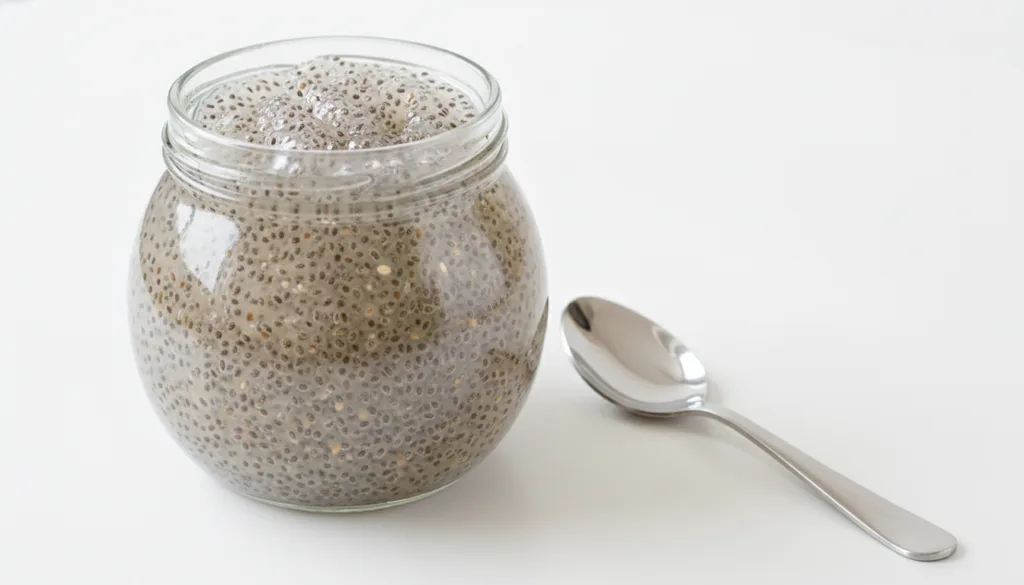 A clear glass jar filled with the translucent slightly cloudy chia seed hair gel with a spoon resting beside it on a cle