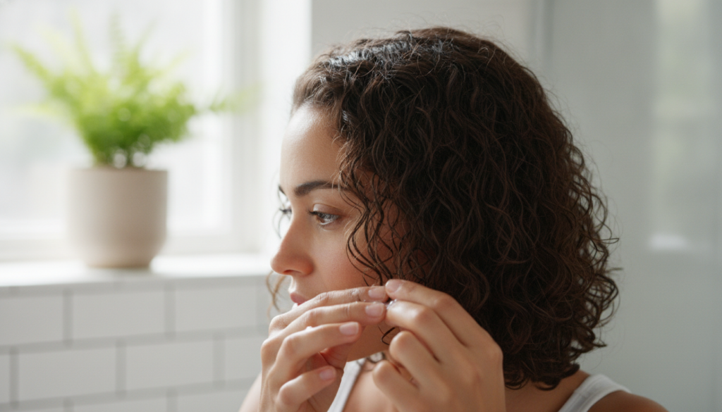 A woman gently applying a small amount of translucent gel to her damp hair with her fingertips focusing on defining curl