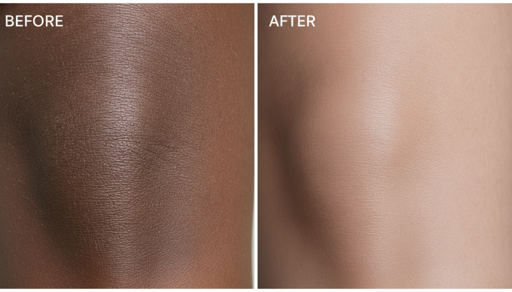 A pair of before and after images showing a dramatic improvement in skin tone on knees or elbows with the after image sh