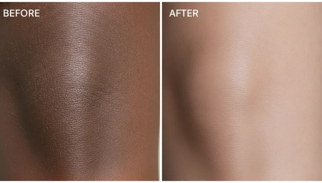 A pair of before and after images showing a dramatic improvement in skin tone on knees or elbows with the after image sh
