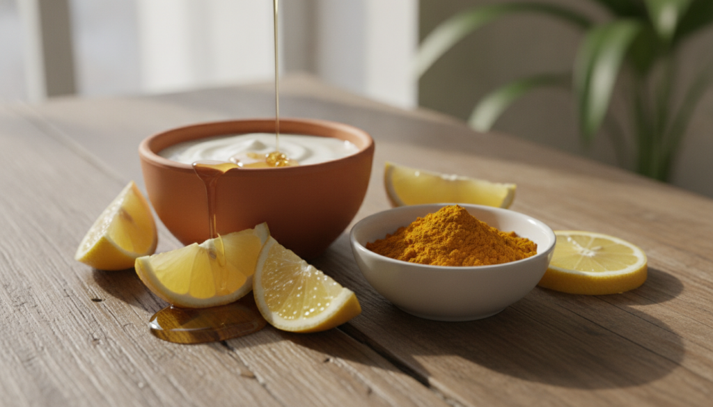 Various natural ingredients for skin brightening such as lemon slices turmeric powder in a small bowl yogurt and honey a
