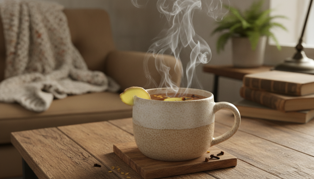 A close-up of a warm steamy cup of ginger and clove tea garnished with a slice of fresh ginger and a few whole cloves Th