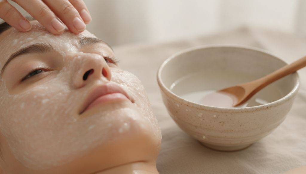 A close-up of a DIY rice face mask being applied to clean skin with a bowl of rice water or a rice paste next to it