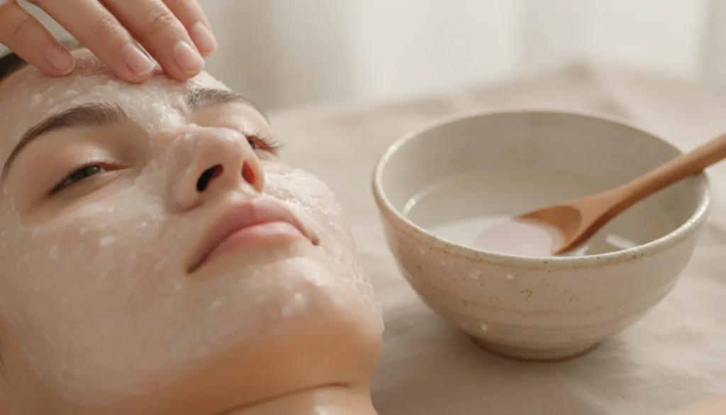 A close-up of a DIY rice face mask being applied to clean skin with a bowl of rice water or a rice paste next to it