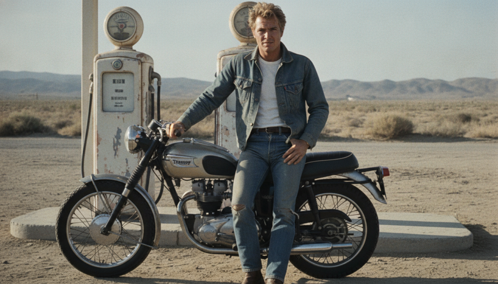 Steve McQueen in a classic pose perhaps from a movie set or promotional shot embodying his King of Cool persona
