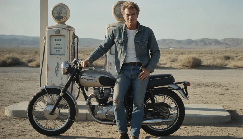 Steve McQueen in a classic pose perhaps from a movie set or promotional shot embodying his King of Cool persona