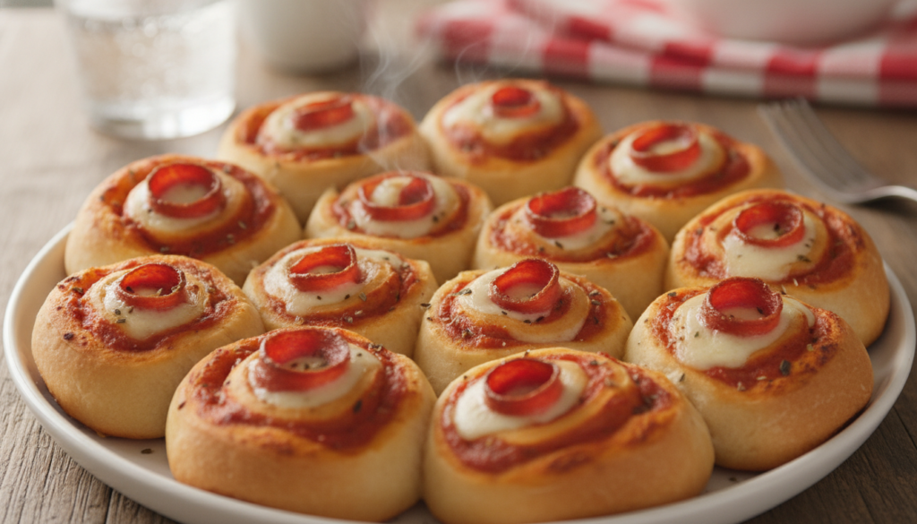 A plate of vibrant mini pizza pinwheels showing the swirl of sauce cheese and pepperoni freshly baked and golden