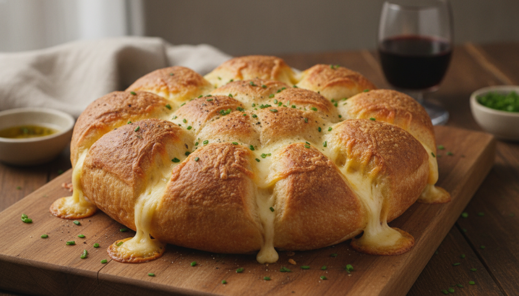 A beautifully baked golden-brown star-shaped pull-apart bread with melted cheese visible between the segments on a rusti