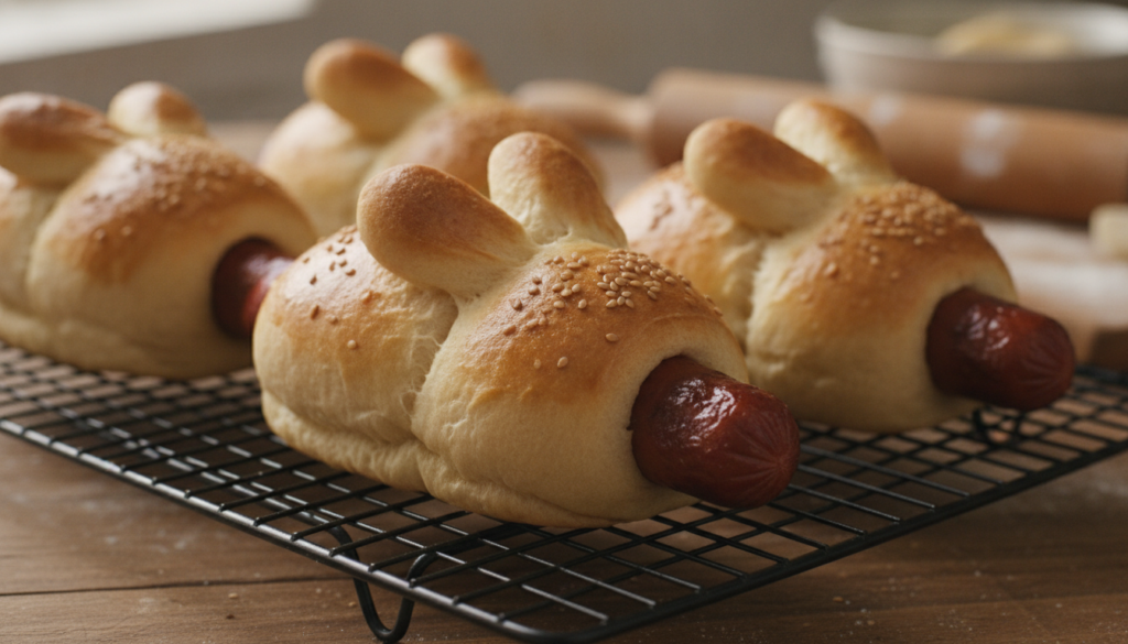 Close-up of freshly baked golden-brown bunny hot dog buns on a cooling rack showing their cute ear shapes and the cooked