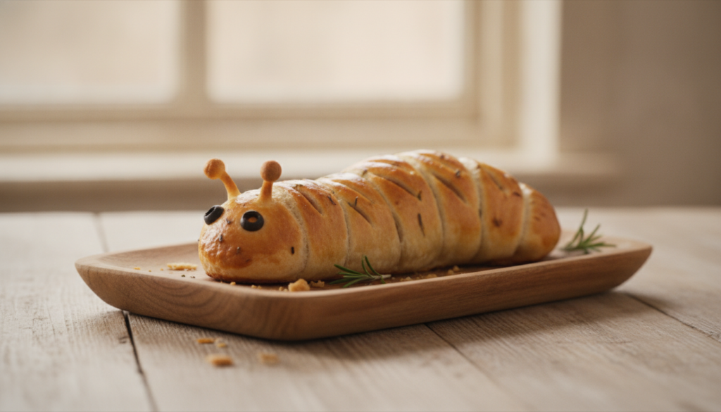 A playful caterpillar-shaped sausage roll baked golden brown with small cuts along its back resembling segments on a ser