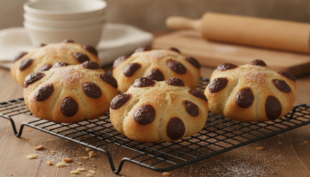 Soft golden-brown bear paw-shaped sweet buns with chocolate chips as claws on a wire cooling rack