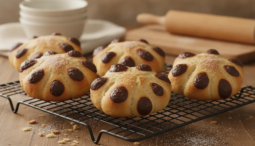 Soft golden-brown bear paw-shaped sweet buns with chocolate chips as claws on a wire cooling rack