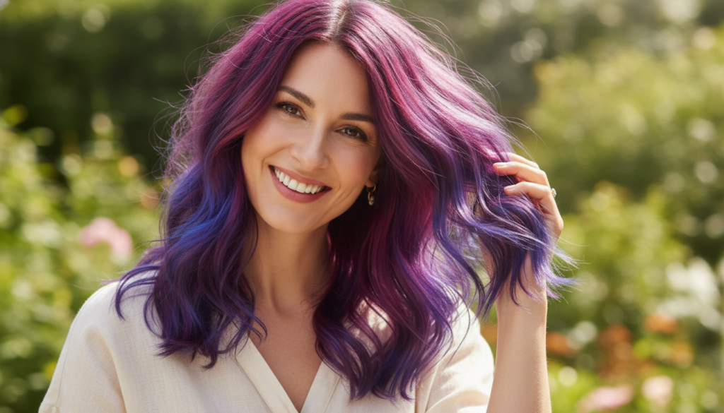 A woman confidently showing off her beautifully colored vibrant and healthy hair after using a natural dye Her hair is s