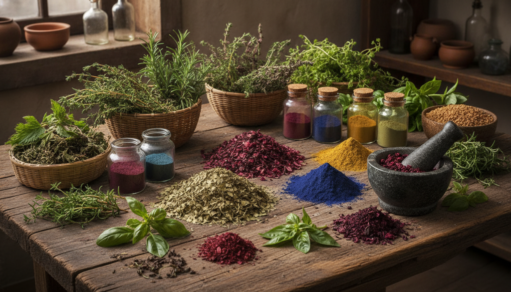 A collection of fresh natural ingredients like herbs leaves and powders symbolizing components for a DIY hair dye arrang