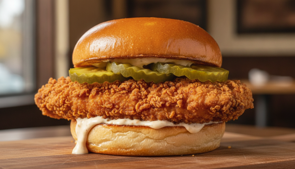 A golden-brown crispy fried chicken sandwich with thick pickle slices and a creamy sauce on a toasted bun Close-up shot 