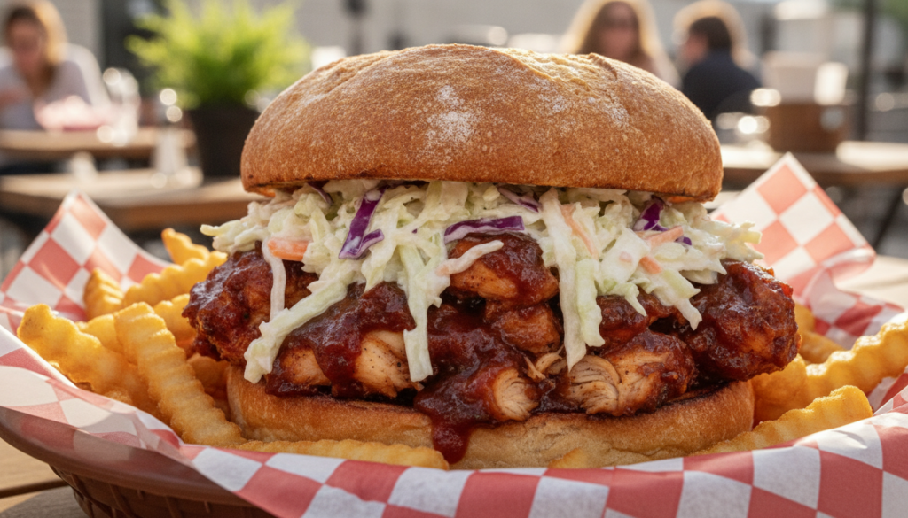 A hearty BBQ chicken sandwich with shredded chicken drenched in BBQ sauce topped with creamy coleslaw on a rustic bun A 