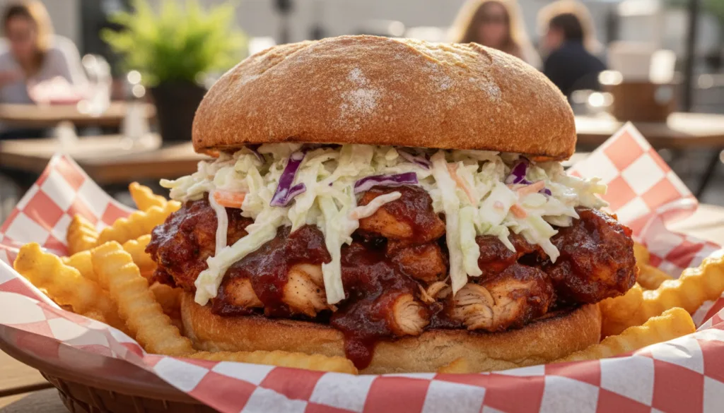 A hearty BBQ chicken sandwich with shredded chicken drenched in BBQ sauce topped with creamy coleslaw on a rustic bun A 