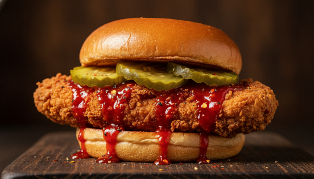 A fiery Nashville Hot Chicken Sandwich featuring a crispy chicken fillet generously coated in bright red spicy oil toppe