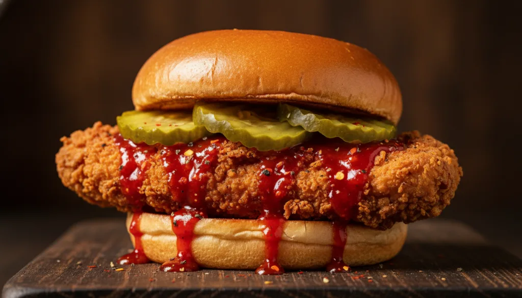 A fiery Nashville Hot Chicken Sandwich featuring a crispy chicken fillet generously coated in bright red spicy oil toppe